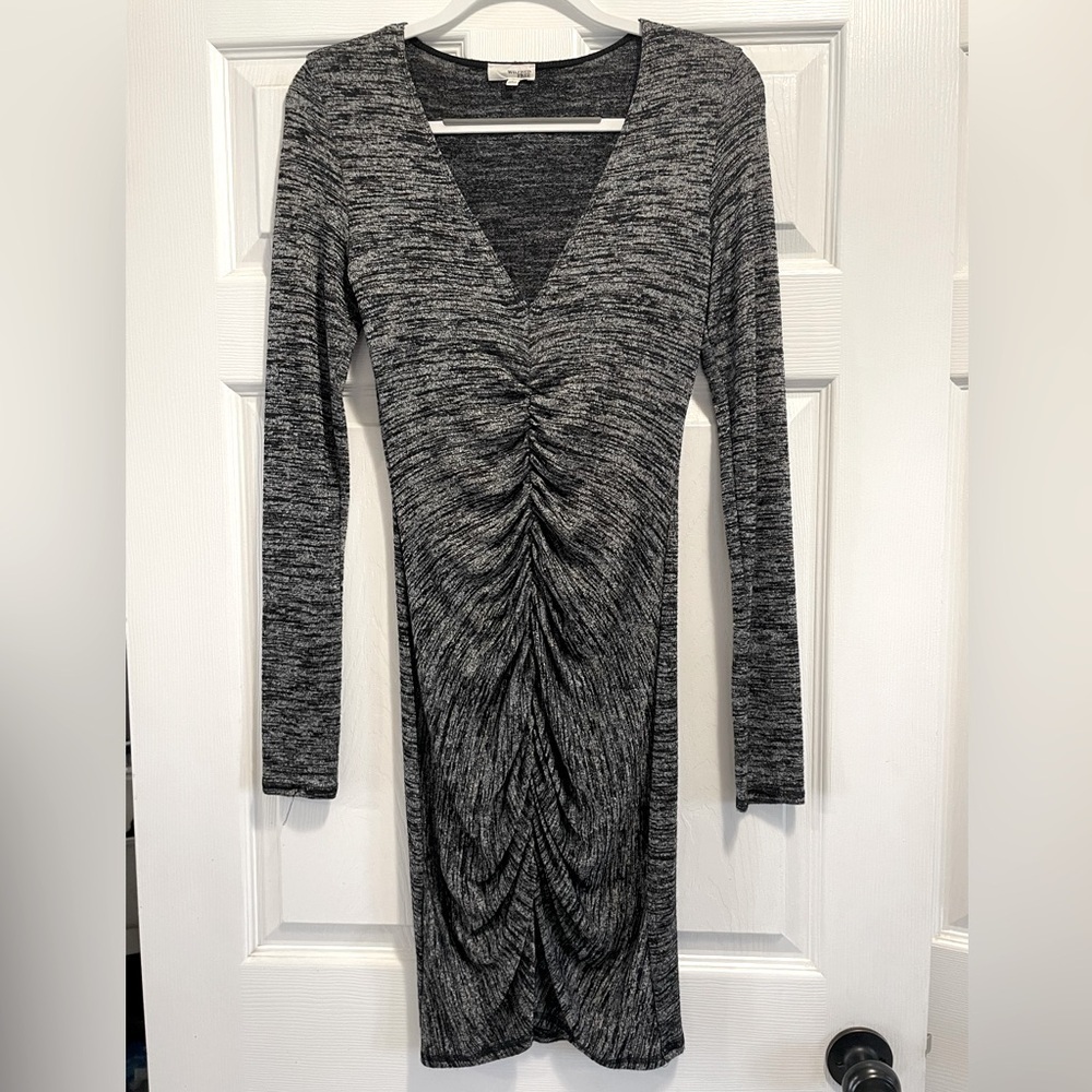 Wilfred Free Womens Dress Medium Black Gray Bodycon Knit Long Sleeve Ruched Mini